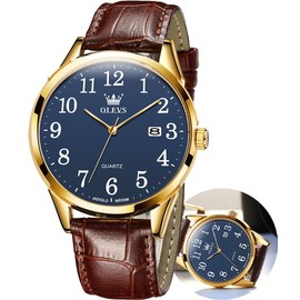 OLEVS Watches for Men Blue Dial Brown Leather Dress Mens Watch Easy Read Leather Band Watch for Men Analog Quartz Wrist Watch with Date Waterproof Classic Casual