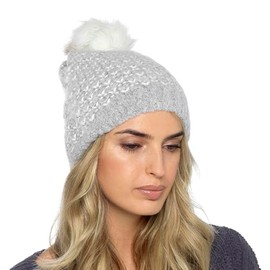 Thingimijigs Ladies Knitted Beanie Hat with Fluffy Faux Fur Pompom - Grey
