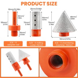 3Pcs Diamond Beveling Chamfer Bits Set with 5/8"-11 Drill Adapter, Diamond Drill Bits for Ceramic for Existing Holes Enlarging Trimming in Tile Marble Porcelain Granite Ceramic(Color:as Shown)