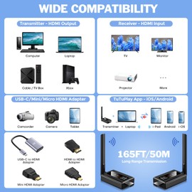 Wireless HDMI Transmitter and Receiver, Upgraded Range 165FT/50M,1080P@60Hz High Definition Video, Plug and Play HDMI Wireless Extender 5G/2.4G, Used for Monitoring Video from PC/Projector/TV Box