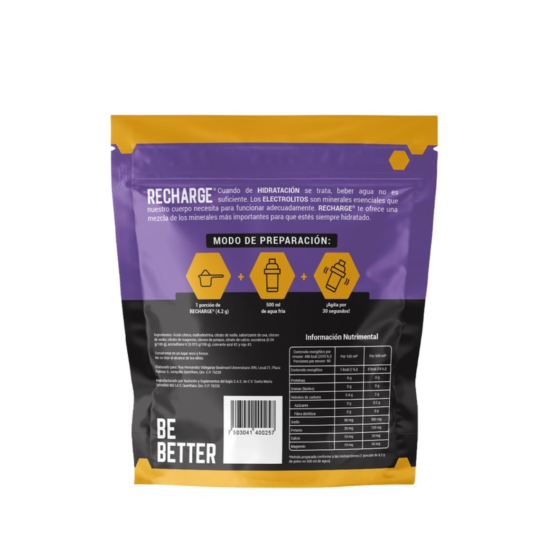 Be Better RECHARGE, Electrolitos En Polvo 60 Porciones, Sabor Uva,