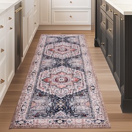 PURRUGS Vintage Farmhouse Boho Runner Rug 2x6 ft, Non-Slip Machine Washable Rug, Accent Oriental Area Rug for Kitchen, Hallway, Entryway, Bedroom, Living Room and Dining Room, Coral Red/Marine Blue