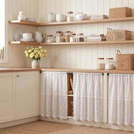MYSKY HOME - Cortinas cortas transparentes blancas con pompones para ventanas pequeñas, recámara, cuarto de bebé, habitación de niños, niñas, cortinas bohemias para café, cocina, filtrado de luz