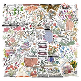 Book Flower Stickers, 50PCS Floral Cartoon Stickers for Scrapbooking, Skateboard, Water Bottle, Guitar, Notebook, Phone, Laptop - Decals for Teens, Girls, Kids DIY