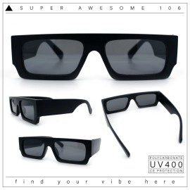 SA106 Narrow Rectangle Flat Top Horn Rim Thick Temple Plastic Sunglasses - All Black