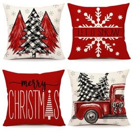 4TH Emotion Red Christmas Pillow Covers 18x18 Set of 4 Farmhouse Christmas Decorations Merry Christmas Tree Truck Hello Winter Holiday Decor Throw Cushion Case for Home Couch S23C03