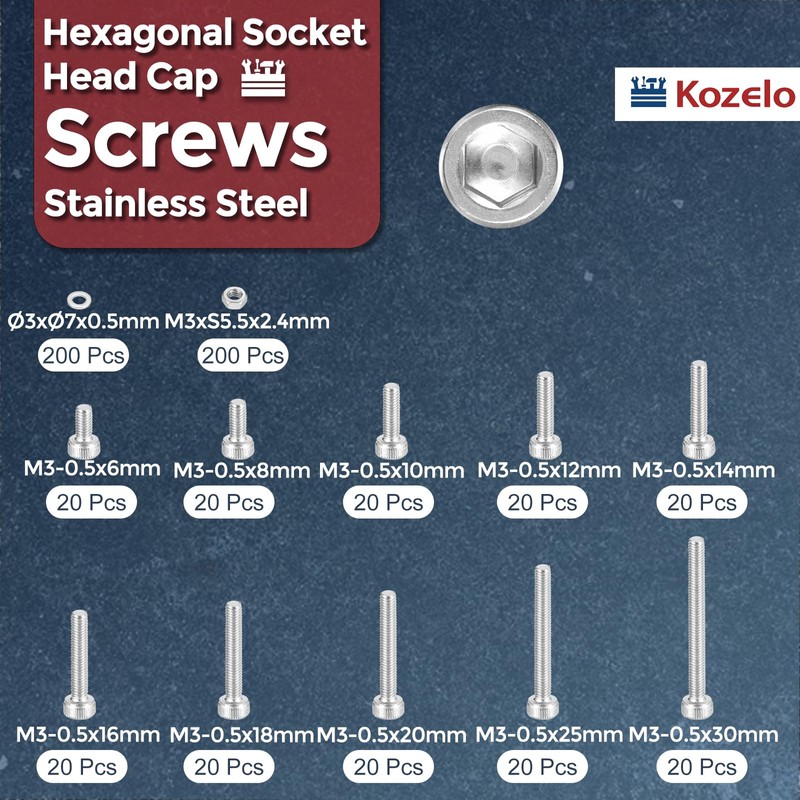 Kozelo 600pcs M3 Socket Head Cap Screws Bolts Nuts Assortment