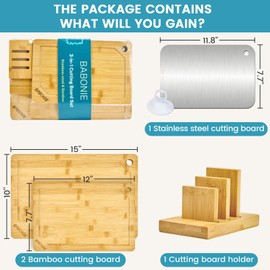 Babonie Bamboo Cutting Board Set of 2PC Large Bamboo Cutting Boards for Kitchen with Wooden Organizer, 1PC Stainless Chopping board for Meat, Vegetables and Fruits Ideas Kitchen Gift