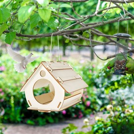 Bird Feeder House Eco-Friendly Hanging Wooden Feeder DIY Unfinished Assembling Bird Feeding Nest Feeding Cage Garden Decoration for Outdoor Courtyard Yard(32 * 20 * 17cm)