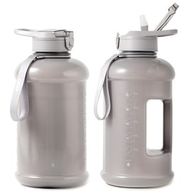 H2O Capsule INSPO Half Gallon Water Bottle with Time Marker and Straw Motivational Hydration Tracker Jug Big BPA-Free Food-Safe Leakproof Drinking Bottle Handle & Strap, Ash Gray