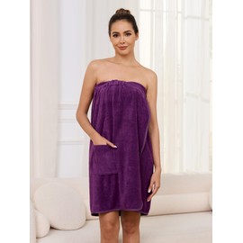 Komfokore Women's Knee-Length Bathrobe with Button Closure - Lightweight Spa Coat with Adjustable Closure & Practical Side Pockets, purple, S