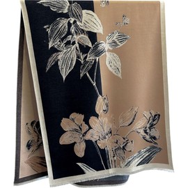GFM® Women's Magnolia Flowers Pattern Cashmere Texture Pashmina Style Scarf Shawl for Autumn, Winter (FRLSHL-KK) (Magnolia-Light Brown Black)(FRLSHL-27-HLKEKKL)