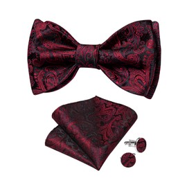 DiBanGu Black and Red Bow Ties for Men Self Tied Bow Tie Paisley Silk Bow Tie Set with Pocket Square Cufflinks Wedding Party