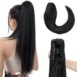 Elailite Real Hair Ponytail Hair Extensions with Clip Remy Straight Braid Human Hair 35 cm #01 Jet Black