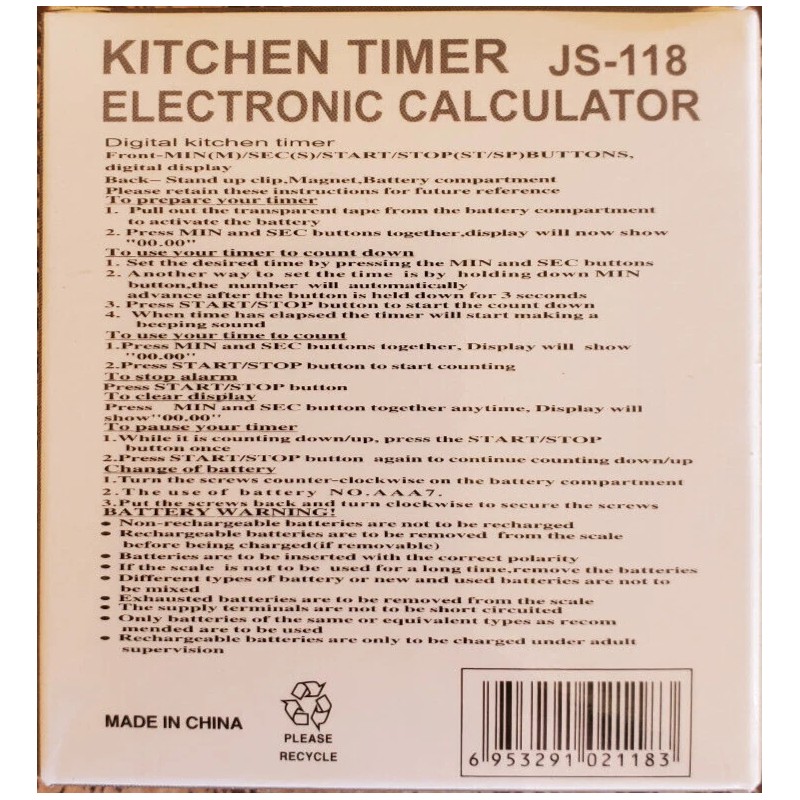 Kitchen Timer Electronic Calculator JS118