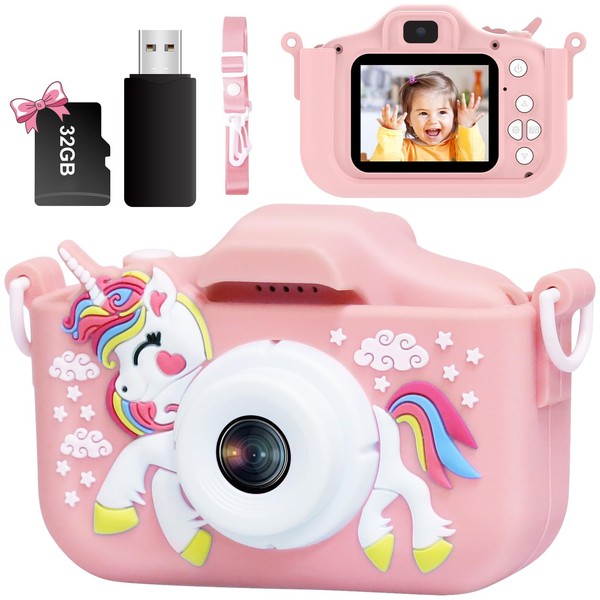 Kids Camera, 1080P Kids Digital Camera with 32GB TF Card,Unicorn Camera Cover/HD Video /5 Educational Games/8x Zoom/46 Photo Frames & Filters,Gifts for Boys Girls Age 3-8 (Pink)