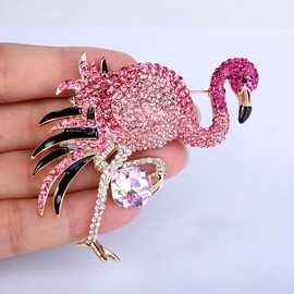 Flyonce Women's Crystal Enamel Elegant Flamingo Bird Brooch Pink Gold-Tone