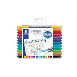 Staedtler Double-ended Brush Marker Brush Letter Duo, Creative Lettering, Flexible and Fine Tip, Blendable Ink, Set of 12 Assorted Colors, 3004TB12A6
