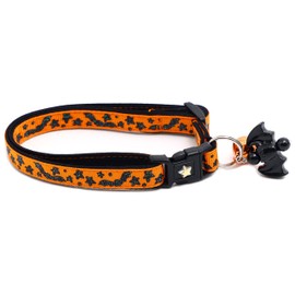 Bats & Stars - Collar de gato de Halloween con campana, cuello de seguridad separable, tamaño grande ajustable o collar de gatito (L (10 libras en adelante), naranja)