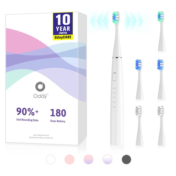 Oday N9000 Sonic Electric Toothbrush, 90% End-Rounding, 10 YR Warranty, 2,000 mAh Battery (180 Days), IPX7 Waterproof, 43,000 VPM (2nd Gen. 3S Sonic Motor), 5 Modes with Smart Timer, 6 Brush Heads