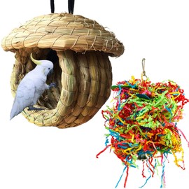 Hamiledyi Bird Nest Grass Bird Hut Outdoor Hanging Birdhouse Canary Nest Chickadee House Wren Nest Fiber Roosting Pocket for Parakeet Parrot Cockatiel Finch