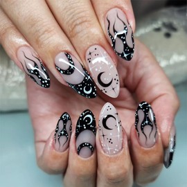 ANDGING Black Press on Nails Almond Short Medium French Tip Fake Nails with Flame Moon Design Gel Glue on Nails Acrylic False Nails with Glue Manicure Stick on Nail for Wedding Birthday 24Pcs LKU88P