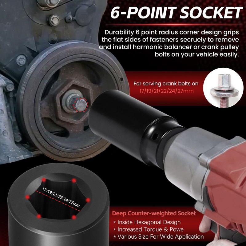 1/2" Drive Crank Bolt Socket Set, 17MM, 19MM, 21MM, 22MM,