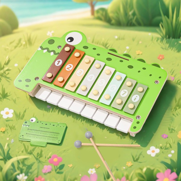 XIAPIA Wooden Toy from 1 Year, Baby Musical Toy Crocodile