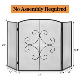 Gtongoko 3 Panel Fireplace Screen 48" W x 29" H Wrought Iron Decorative Fire Spark Guard Grate for Living Room Home Decor - Black