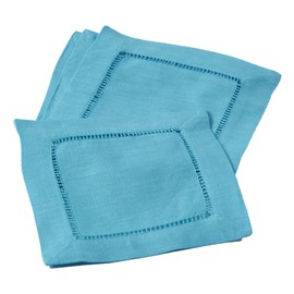 Fennco Styles Solid Color Vibrant Hemstitched Linen Blend Coaster Cocktail Napkins 6 x 6 Inch, Set of 4, Turquoise