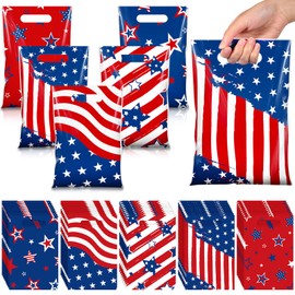 Blosssound 50 Pcs Patriotic Gift Bags 4th of July Party Favor Plastic American Flag Decorative Goodies Treat Bag with Handles for Independence Day Memorial Day Party Gift Wrapping Supplies Decor