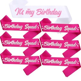 FSJJLLU 7 Pieces Birthday Sashes Kit, Hot Pink It's My Birthday Sash and Squad Sashes for Girl or Women Funny Party Favors Decorations for Sweet 16 18th 21st 25th 30th 40th 50th or Other Bday