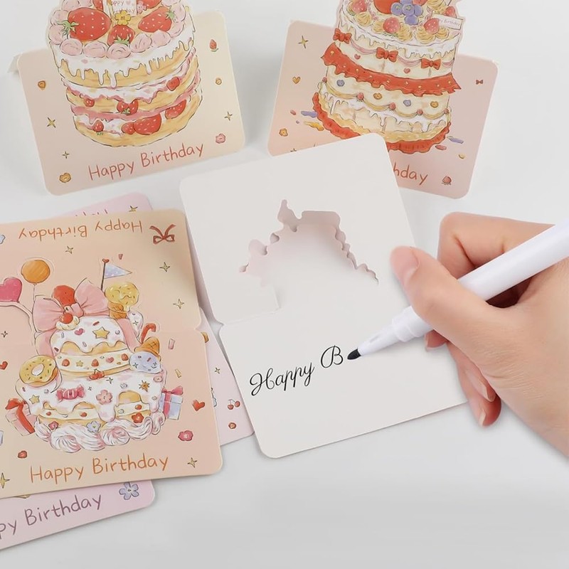 Youchicnow メッセージカード バースデーカード 6枚セット 水彩風ケーキデザイン 折りたたみ式 グリーティング お誕生日おめでとう 感謝カード ミニレター