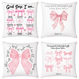 FuWeave 4 Pcs Pink Bow Bible Pillow Covers Coquette Christian Pillow Covers 18 x 18'' Bible Verse Throw Pillowcase God Says You are Inspirational Christian Gifts for for Bedroom Living Room Decor