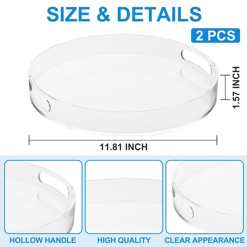 2 Pcs Acrylic Round Tray with Handles Sturdy Clear Round