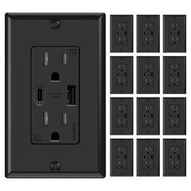 ELEGRP Wall Outlets 12 Pack, 15 Amp Wall Outlets Receptacles, Outlets with A and C Ports, Tamper Resistant Receptacle, Wall Plate Included, UL Listed, Black