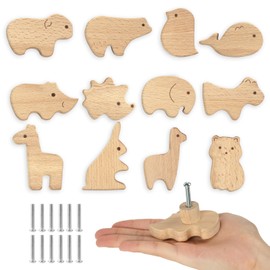 Aolso Wooden Cabinet Knobs, 12PCS Animal Shape Furniture Pull Handle with Screws, Wooden Cabinet Handles for Wardrobe Drawer Dressing Table Cabinet