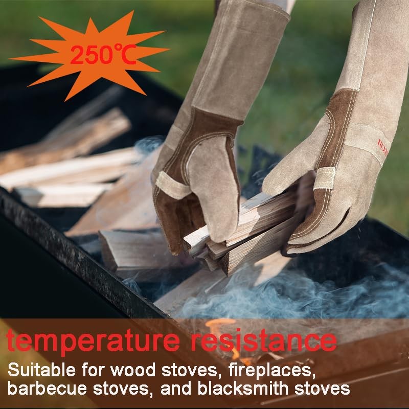 AOUCHI Cowhide BBQ Welding Gloves, Long Sleeve Fireproof and Heat
