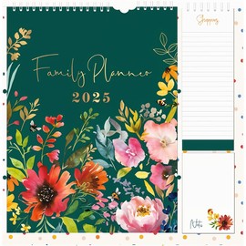 2025 Family Organiser Calendar -Month to View - 2025 Family Planner Hanging with Shopping List, & Notepad Monthly Five Columns for organising Family -2025 Calendar - Floral