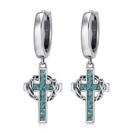 QHQPQ Cross Hoop Earrings for Men 925 Sterling Sliver Turquoise Crown of Thorns Dangle Earrings Christian Jewellery Gifts for Women