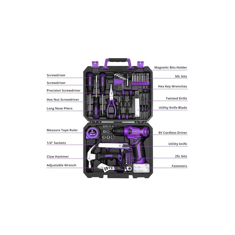 DEKOPRO Tool Set: Tool Kit with 8V Cordless Drill, Hand