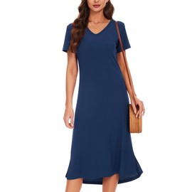 Summer Navy Tshirt Dress for Women Casual V Neck Short Sleeve Side Split Dresses Navy Large