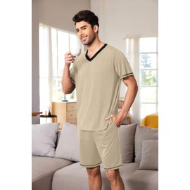 Ekouaer Mens Pajama Set Short Sleeve V Neck 2 Piece Nightwear Shorts With Pockets Summer Sleepwear for Men Light Coffee XL