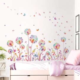 decalmile Colorful Dandelion Flower Wall Decals Flying Floral Butterfly Wall Stickers Living Room Girls Bedroom Nursery Wall Decor