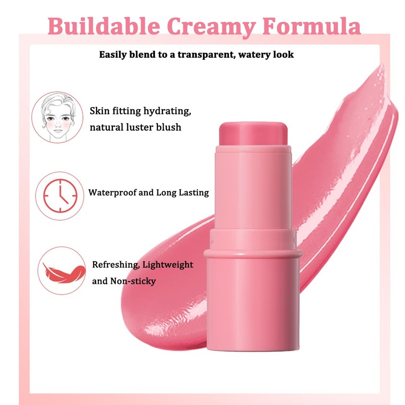 Cream Blush Stick, Natural Glow Finish Looking, Hydrating Lightweight Shiny