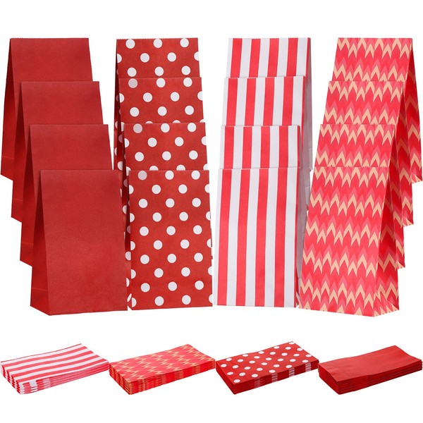 60 Pieces Mini Valentines Day Goodie Bags Valentines Favor Bags Paper Treat Bags Red Party Favor Bags, 15 Each of Wave White Dots, Solid, Stripe, for Valentines Day Sweetest Day May Day Mothers Day