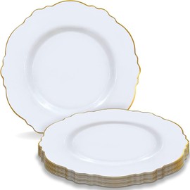 Elegant White with Gold Rim Round Blossom Disposable Plastic Dinner Plates - 10.25" - Perfect for Weddings, Parties & Events - Pack of 10