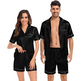 SWOMOG Couples Pajamas Matching Sets Silk Pj Set Sleep Sets for Women Button Down Pajamas Sleep Shorts Summer Lounge Sets Black