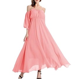 Afibi Women's Off-Shoulder Long Chiffon Casual Dress Maxi Evening Dress (Large, Pink)