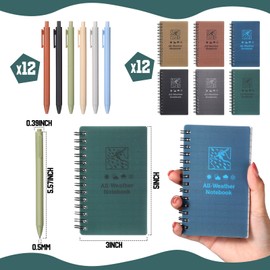 PerKoop 24 Pcs Waterproof Notebook and Ballpoint Pen All Weather 3x5'' Pocket Tactical Notepad Small Spiral Memo Notebook with Grid Paper Ballpoint Pen for Outdoor Activities Recording (Dark Color)